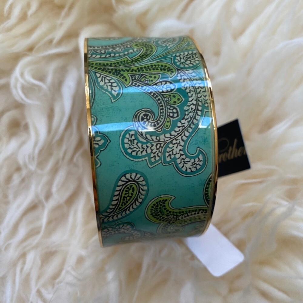 Vintage Brooks Brothers Paisley Brass Cuff Bracelet Blue Green Boho NWT Gift